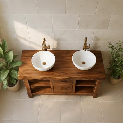 Handcrafted Solid Wood Floating Double Vanity - Live Edge Top, 2 Drawers & Open Shelves Kitchnce
