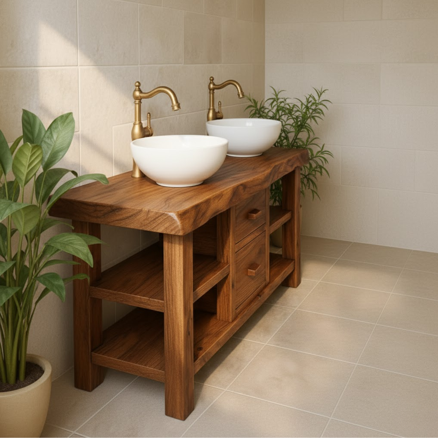 Solid Wood Double Bathroom Vanity with Open Shelving and Center Drawers