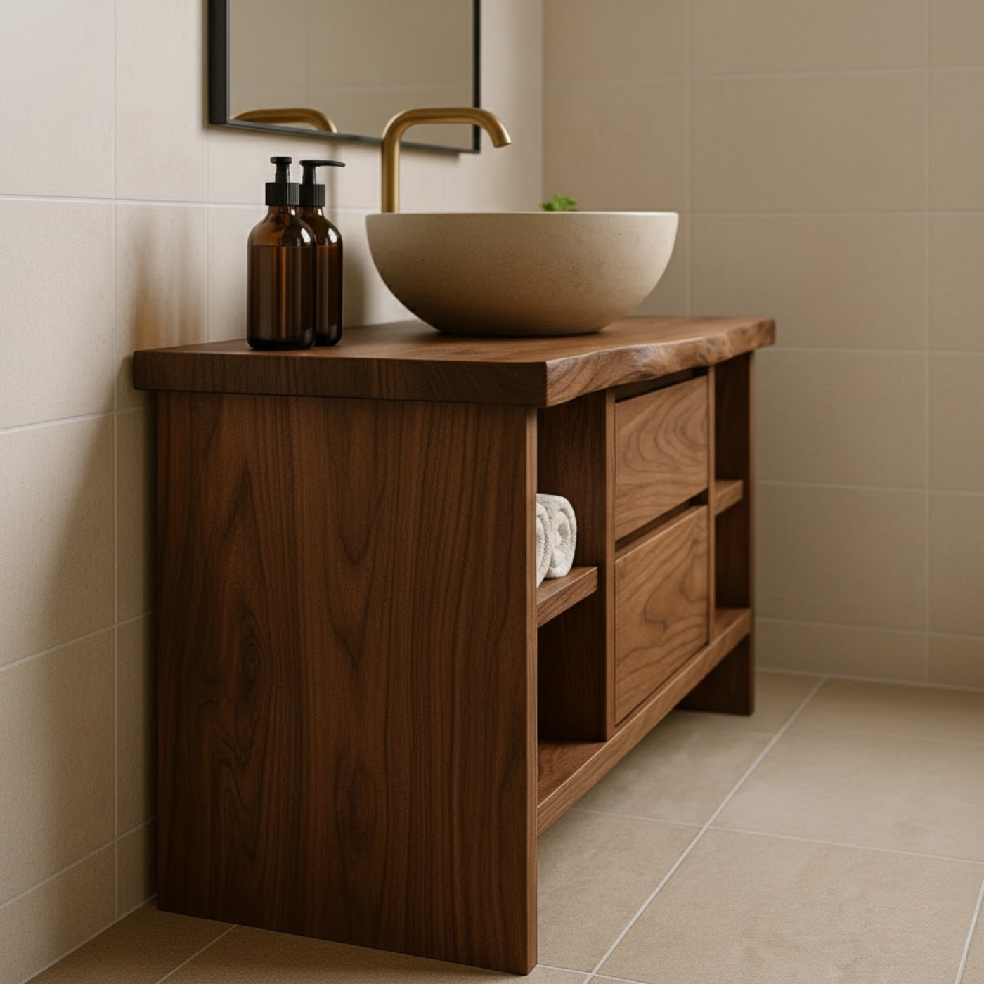Handcrafted Solid Wood Single Vanity - Rustic Walnut Live Edge Bathroom Console Kitchnce