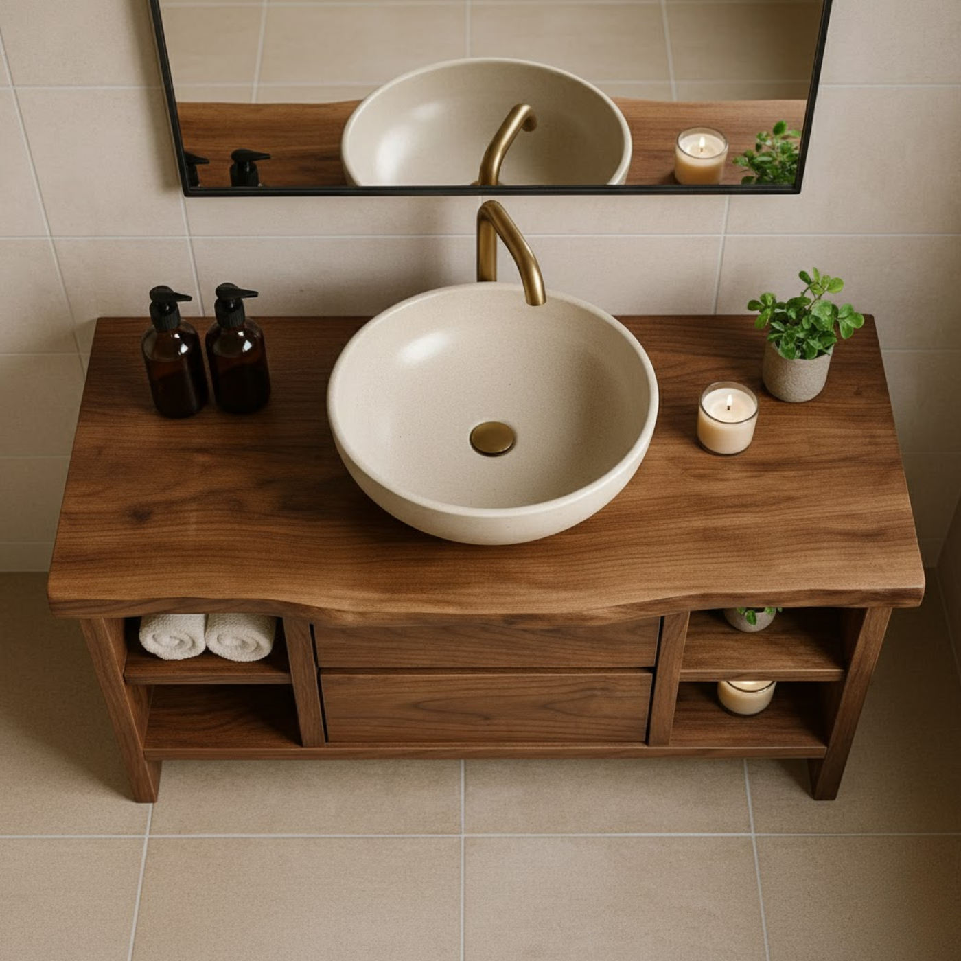 Handcrafted Solid Wood Single Vanity - Rustic Walnut Live Edge Bathroom Console Kitchnce