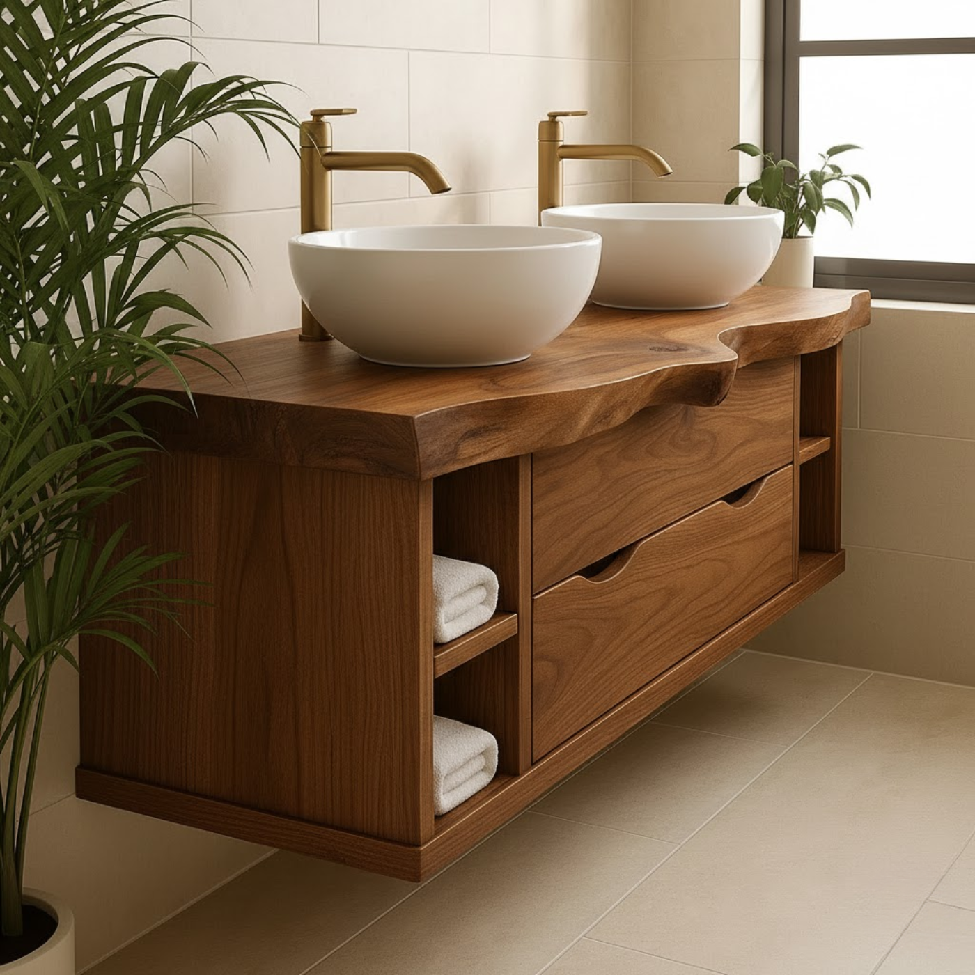 Handcrafted Solid Wood Live-Edge Double Vanity - Rustic Floating Console with Storage Kitchnce