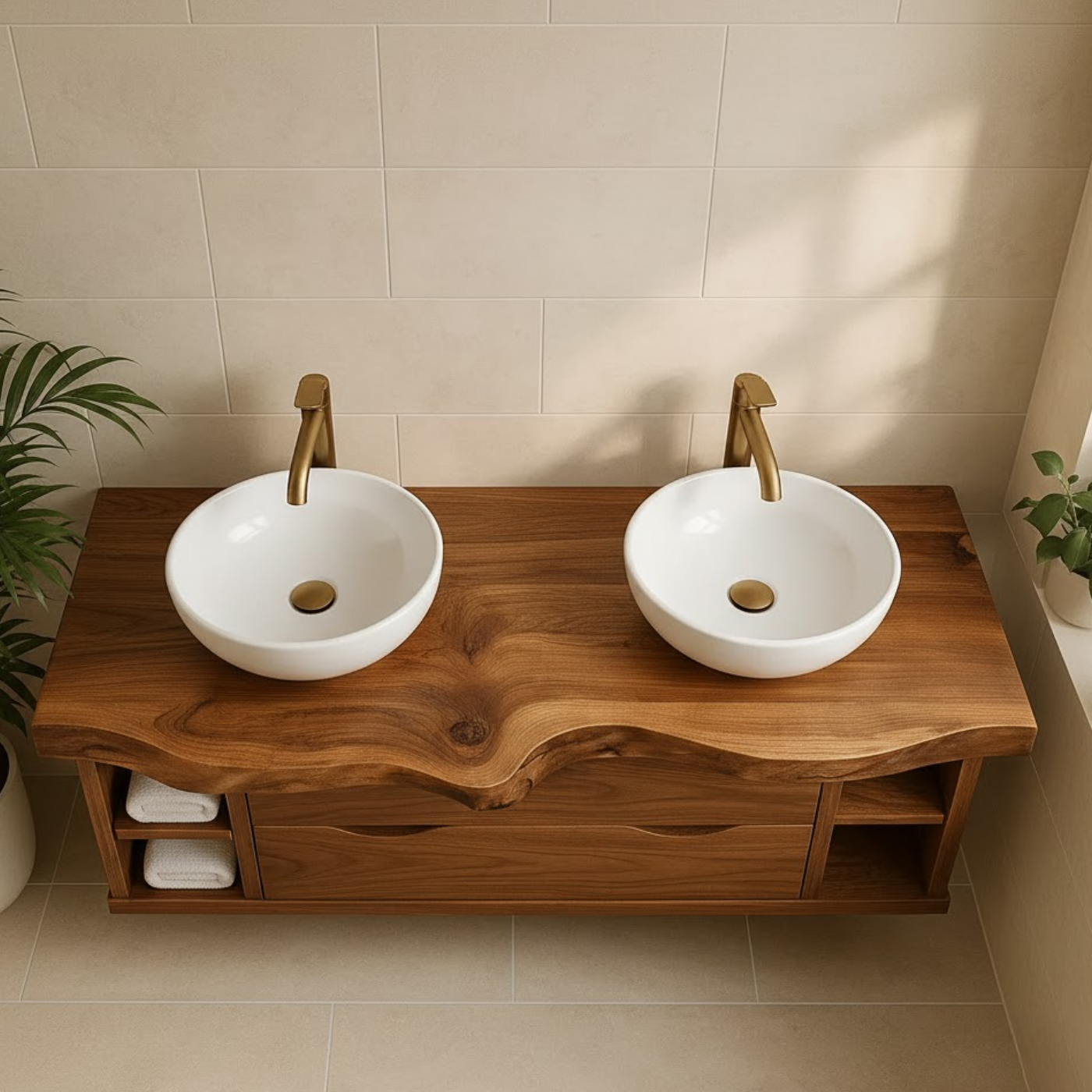Handcrafted Solid Wood Live-Edge Double Vanity - Rustic Floating Console with Storage Kitchnce
