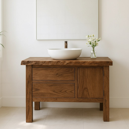 Handcrafted Solid Wood Bathroom Vanity - Live Edge Top, 2 Drawers & Single Door Cabinet Kitchnce