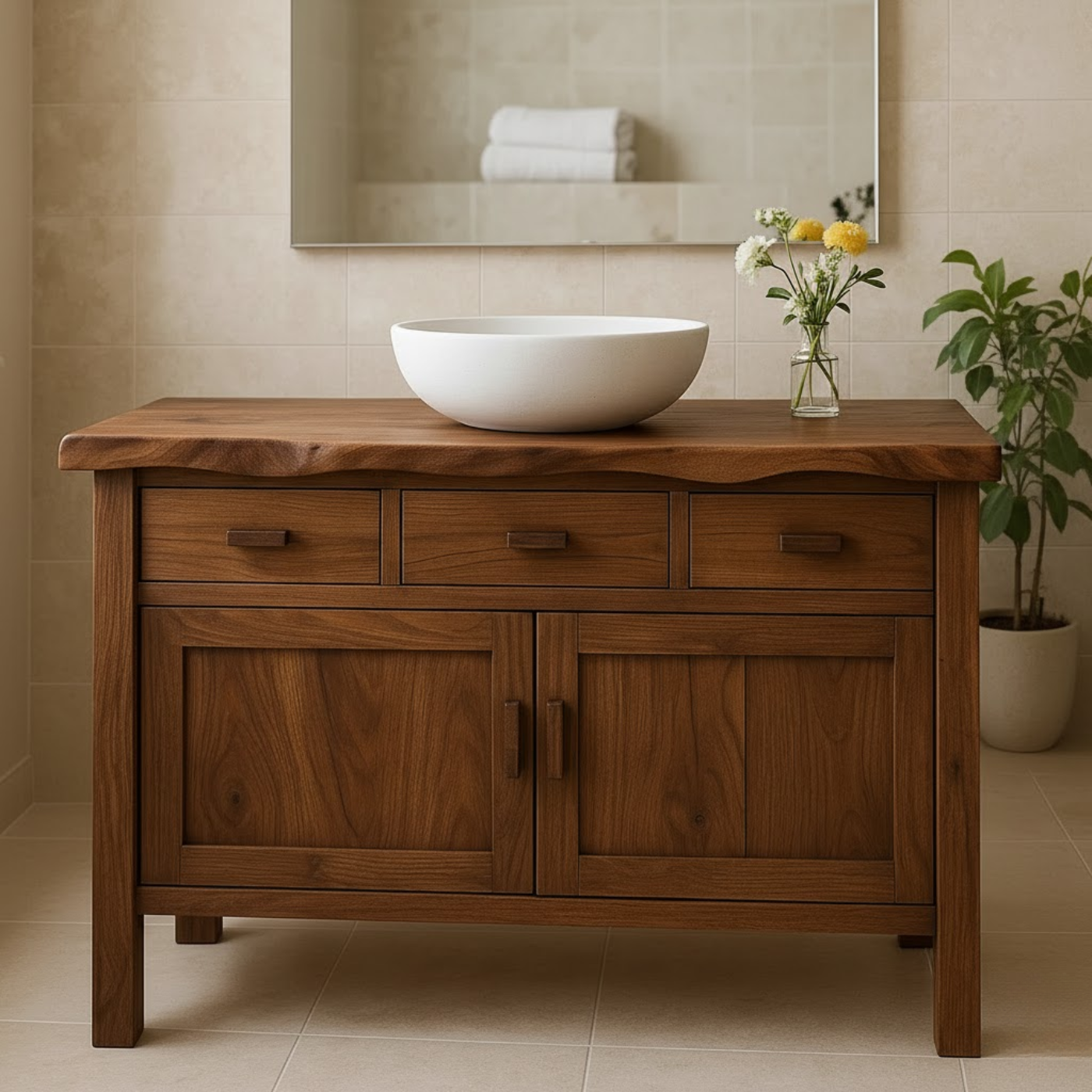 Handcrafted Solid Wood Bathroom Vanity - Live Edge Top, 3 Drawers & Double Door Cabinet Kitchnce