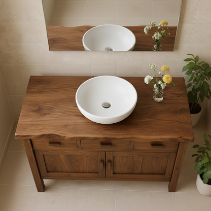Handcrafted Solid Wood Bathroom Vanity - Live Edge Top, 3 Drawers & Double Door Cabinet Kitchnce