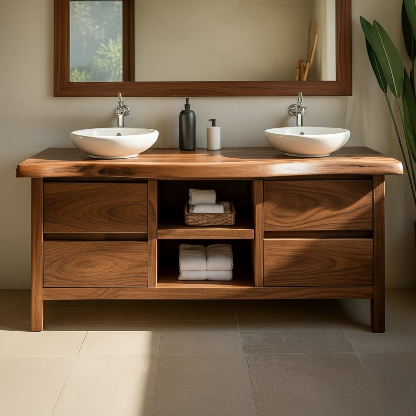 Handcrafted Solid Wood Bathroom Vanity - Live Edge Walnut, Drawers & Open Shelving Kitchnce