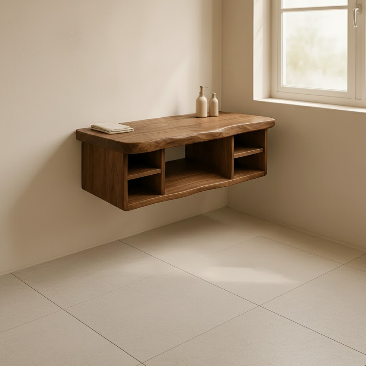 Handcrafted Solid Wood Floating Vanity - All Open Live Edge Console with Display Shelves Kitchnce