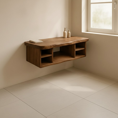 Handcrafted Solid Wood Floating Vanity - All Open Live Edge Console with Display Shelves Kitchnce
