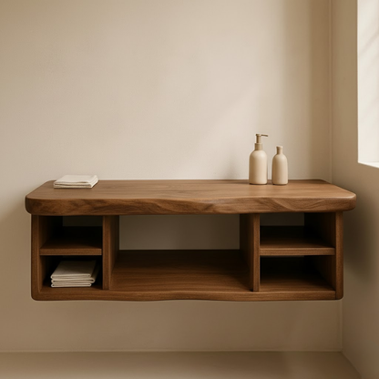 Handcrafted Solid Wood Floating Vanity - All Open Live Edge Console with Display Shelves Kitchnce