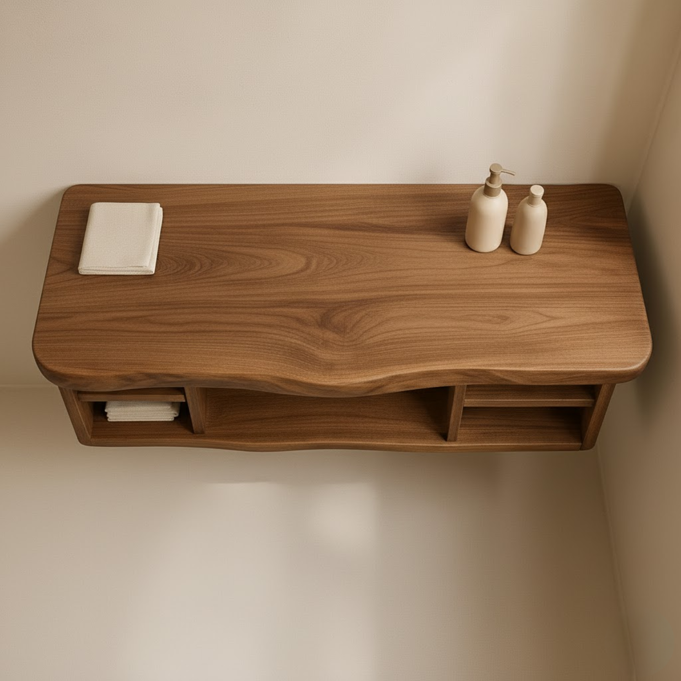 Handcrafted Solid Wood Floating Vanity - All Open Live Edge Console with Display Shelves Kitchnce