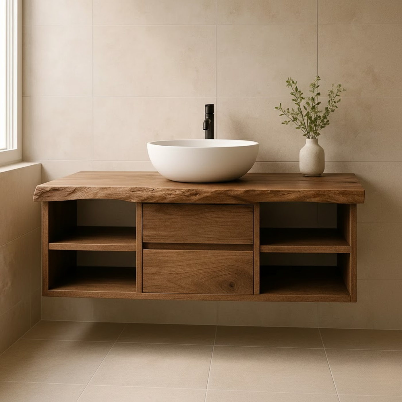 Handcrafted Solid Wood Floating Vanity - Live Edge Console with Central Drawers & Open Shelving Kitchnce