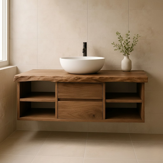Minimalist Solid Wood Floating Bathroom Vanity with Live Edge Countertop and Dual Open Shelving