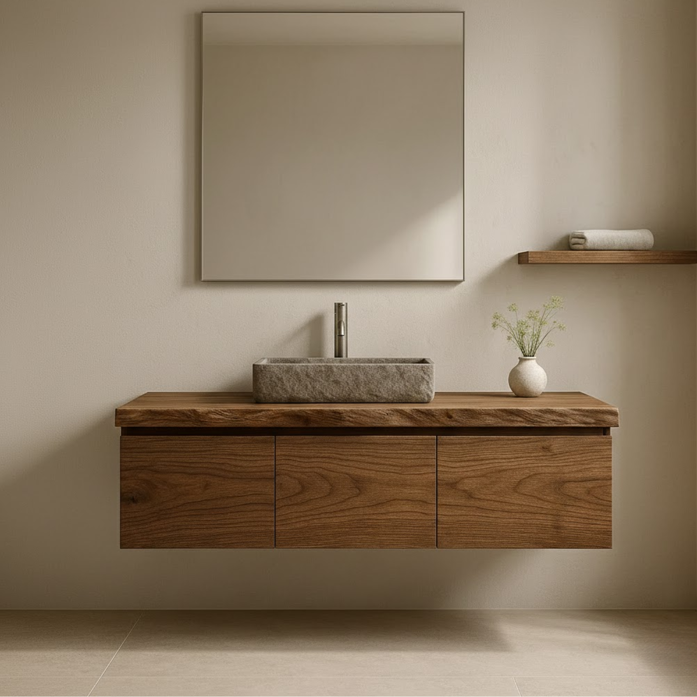 Handcrafted Solid Wood Floating Vanity - 3-Drawer Live Edge Walnut for Vessel Sink Kitchnce