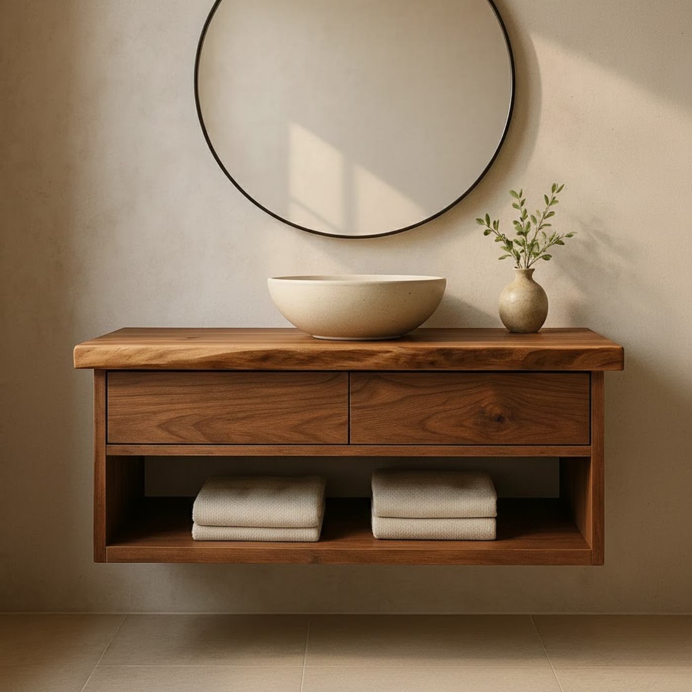 Handcrafted Solid Wood Floating Vanity - Live Edge Walnut with 2 Drawers & Open Shelf Kitchnce
