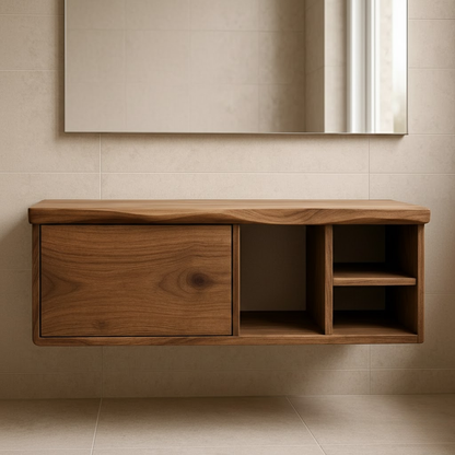 Handcrafted Solid Wood Floating Vanity - Asymmetrical Walnut Console with Hidden & Open Storage Kitchnce