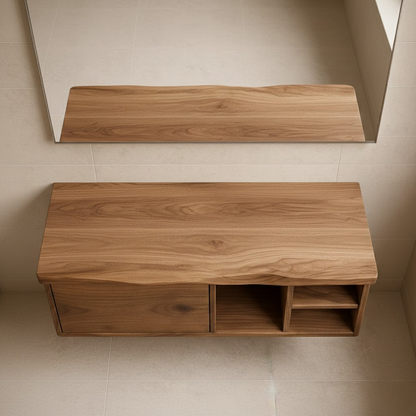 Handcrafted Solid Wood Floating Vanity - Asymmetrical Walnut Console with Hidden & Open Storage Kitchnce