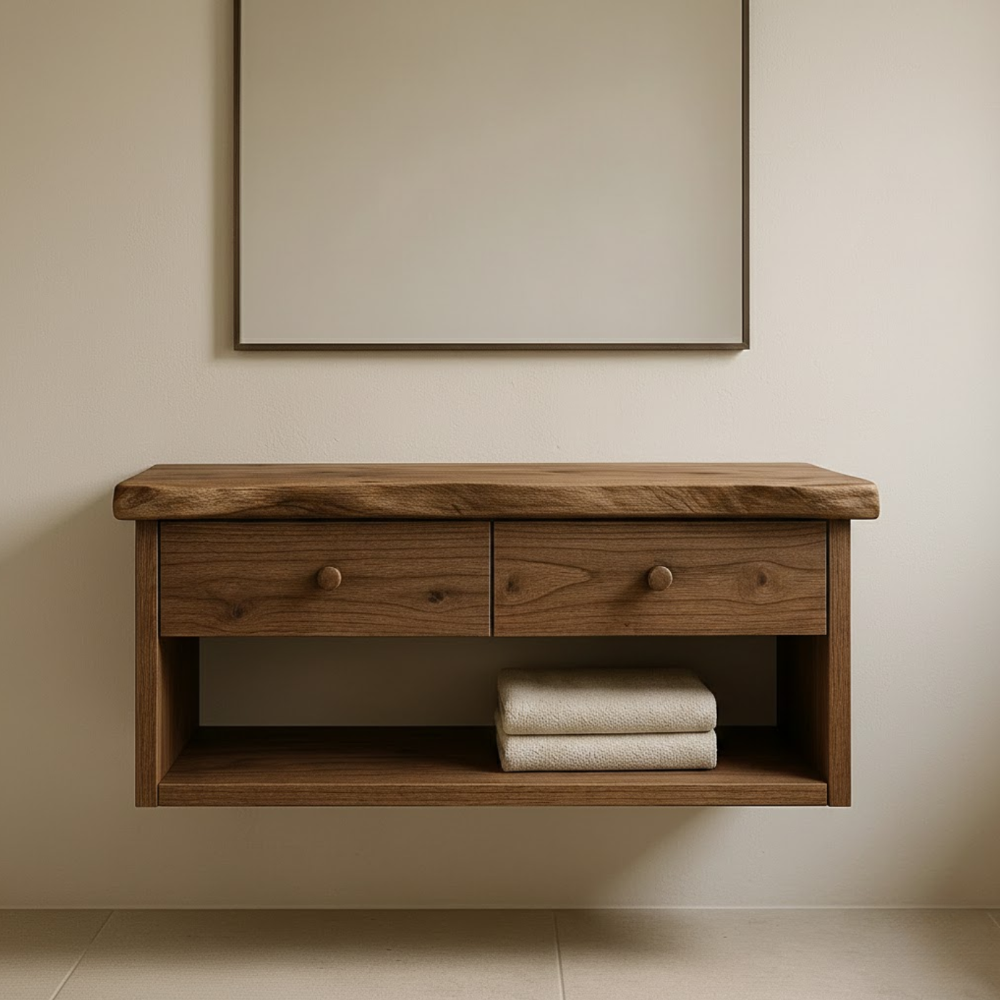 Handcrafted Solid Wood Floating Vanity - Live Edge Walnut Console with 2 Drawers & Open Shelf Kitchnce