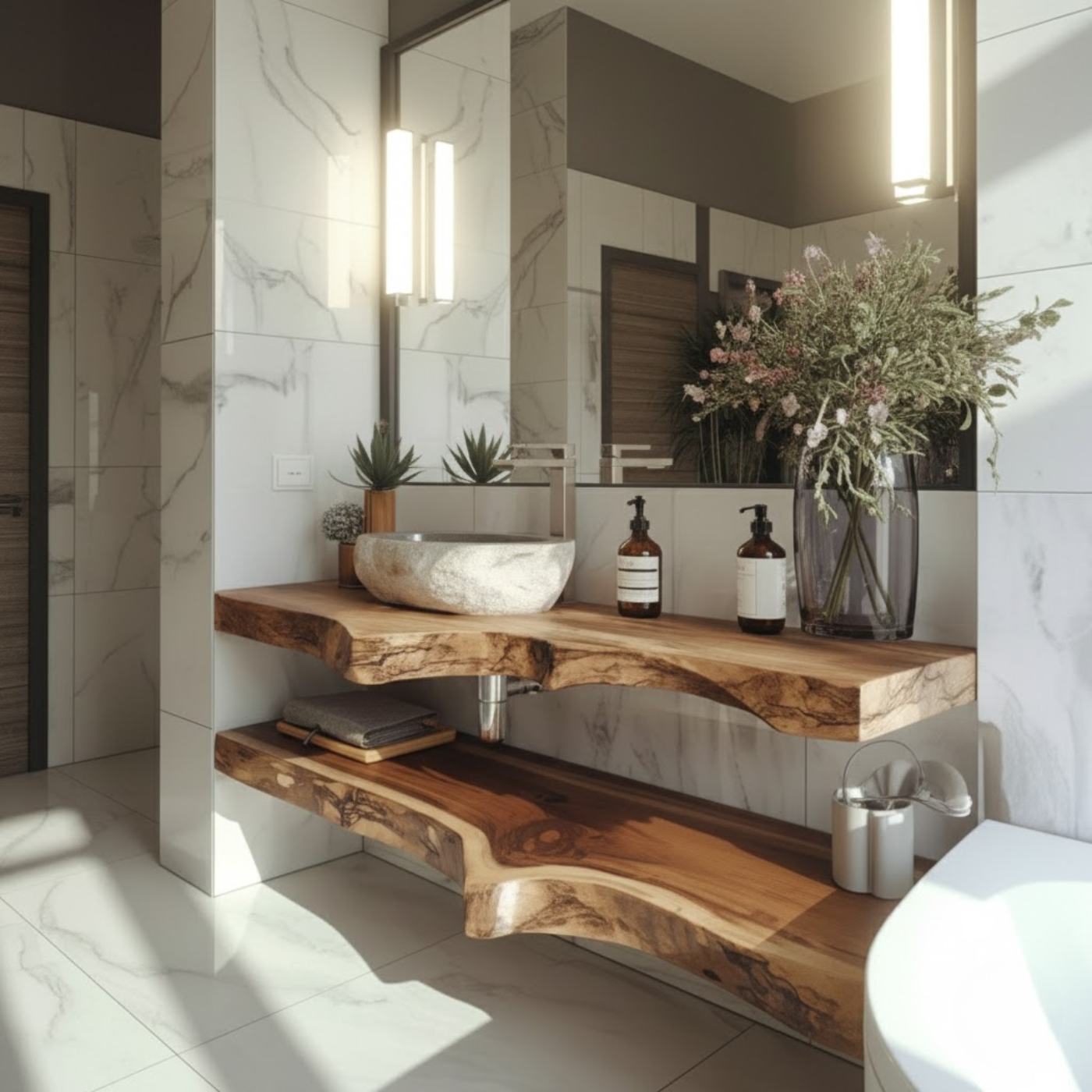 Handcrafted Solid Wood Floating Vanity – Live Edge Two-Tier Console Kitchnce