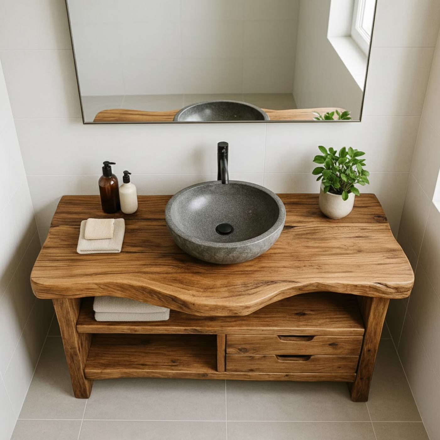 Handcrafted Solid Wood Bathroom Vanity, Rustic Live Edge Console with Storage Kitchnce