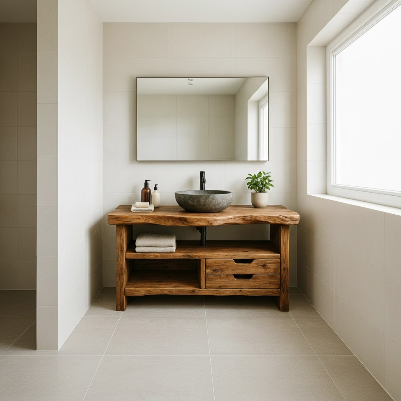 Handcrafted Solid Wood Bathroom Vanity, Rustic Live Edge Console with Storage Kitchnce