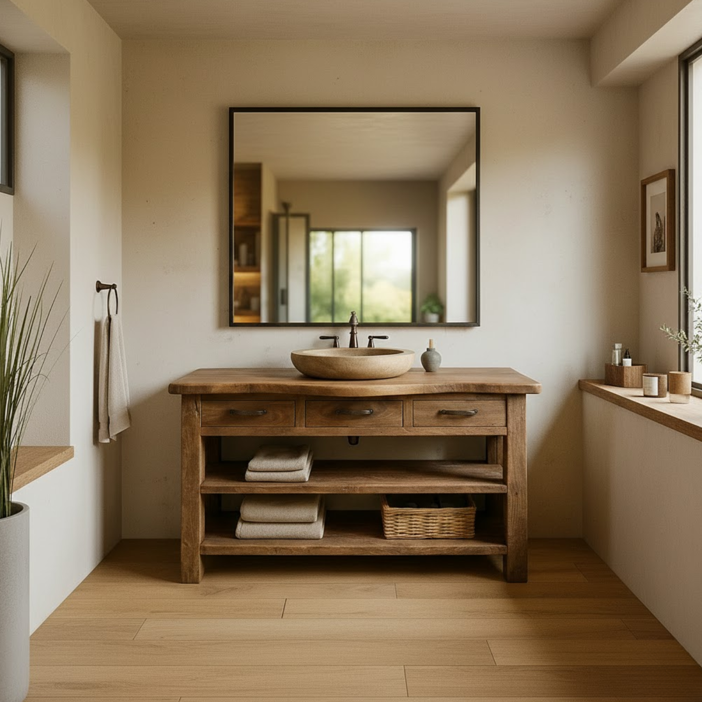 Handcrafted Solid Wood Bathroom Vanity with Curved Live-Edge Top and Triple Storage Drawers Kitchnce