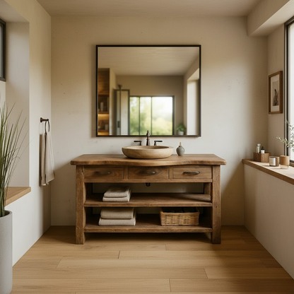 Handcrafted Solid Wood Bathroom Vanity with Curved Live-Edge Top and Triple Storage Drawers Kitchnce