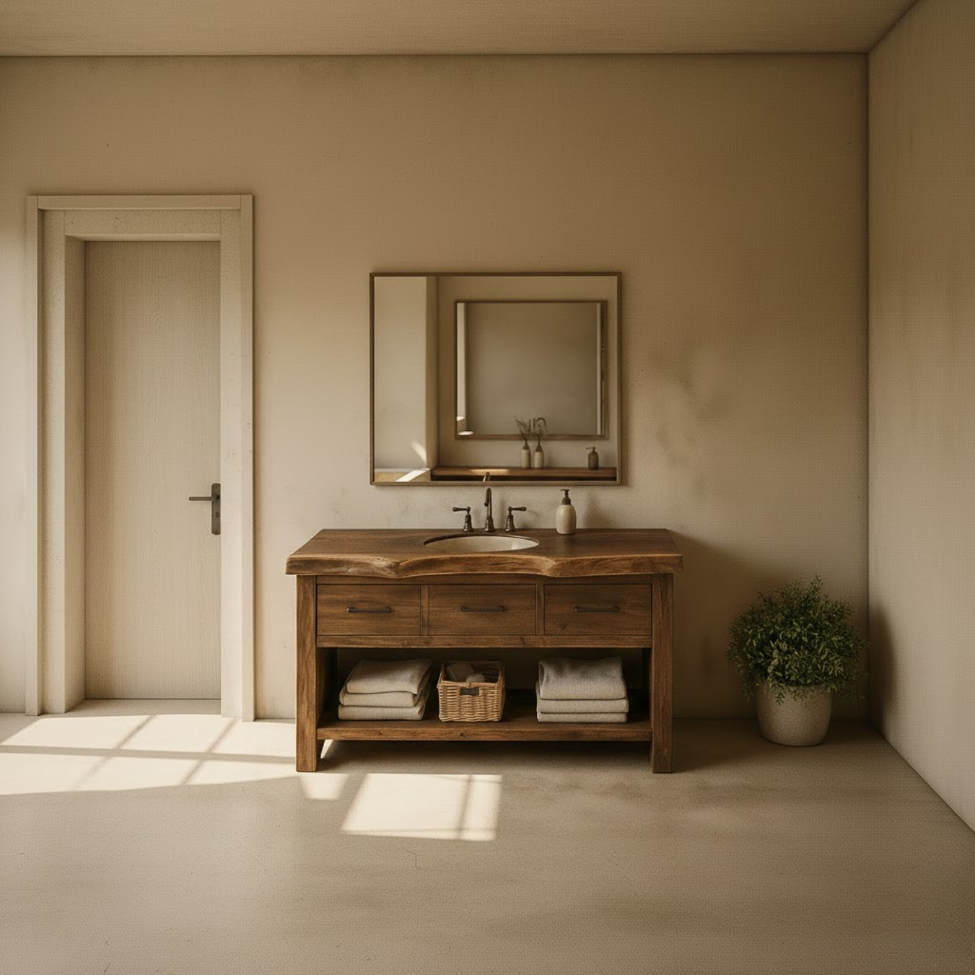 Handcrafted Solid Wood Bathroom Vanity with Live Edge Top, Triple Drawers & Open Storage Shelf Kitchnce