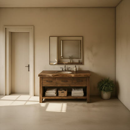 Handcrafted Solid Wood Bathroom Vanity with Live Edge Top, Triple Drawers & Open Storage Shelf Kitchnce