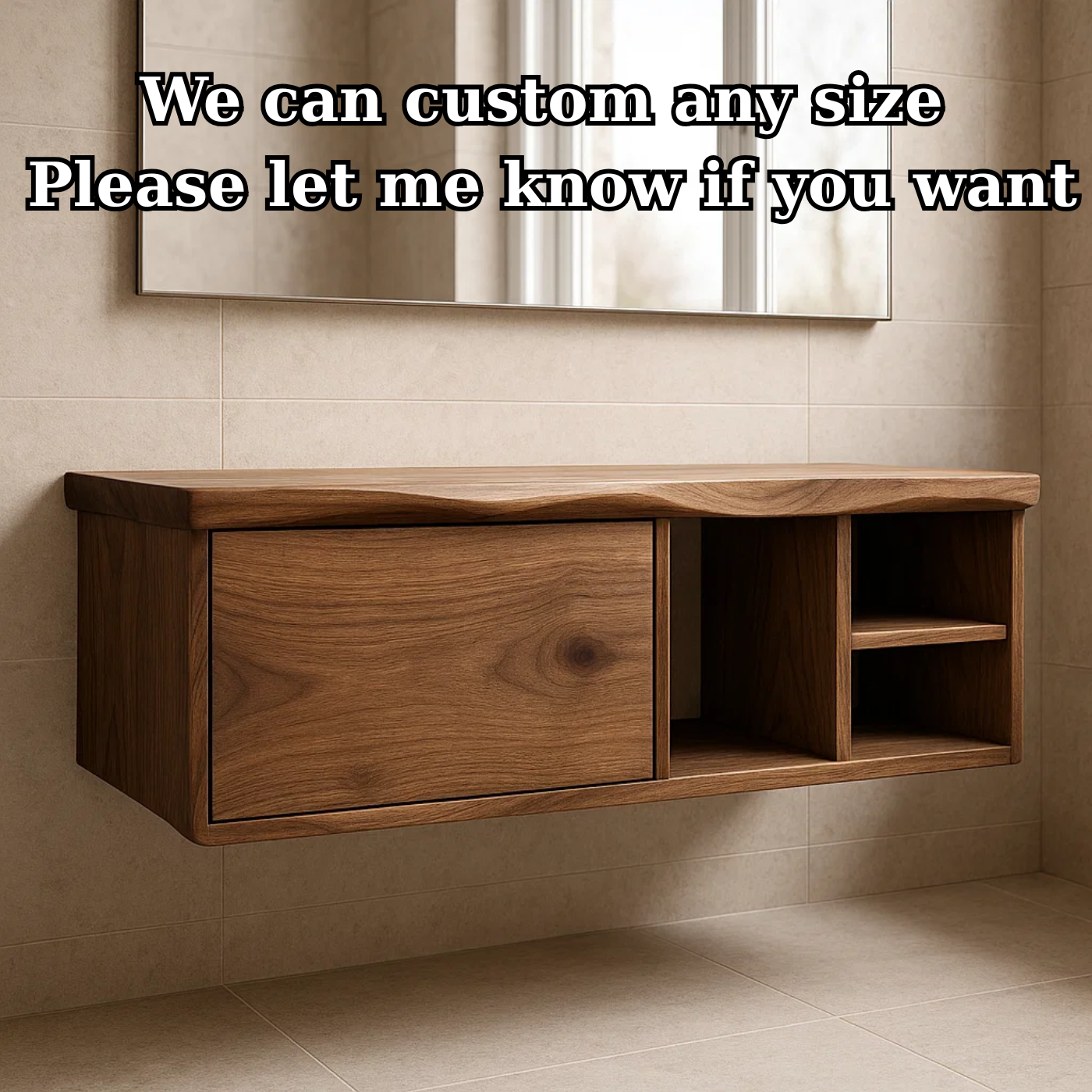 Handcrafted Solid Wood Floating Vanity - Asymmetrical Walnut Console with Hidden & Open Storage Kitchnce