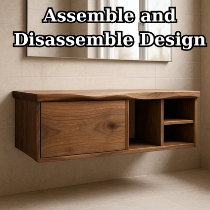Handcrafted Solid Wood Floating Vanity - Asymmetrical Walnut Console with Hidden & Open Storage Kitchnce