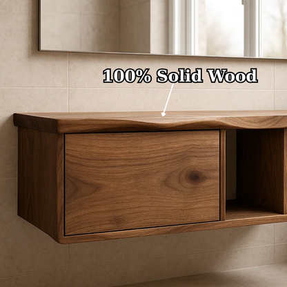 Handcrafted Solid Wood Floating Vanity - Asymmetrical Walnut Console with Hidden & Open Storage Kitchnce