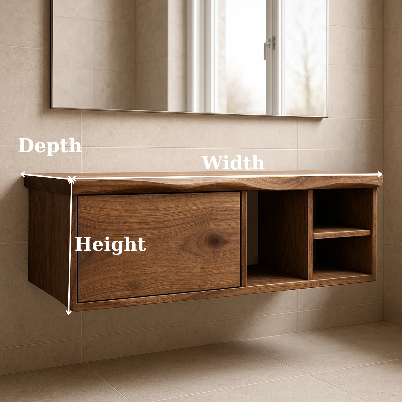 Handcrafted Solid Wood Floating Vanity - Asymmetrical Walnut Console with Hidden & Open Storage Kitchnce