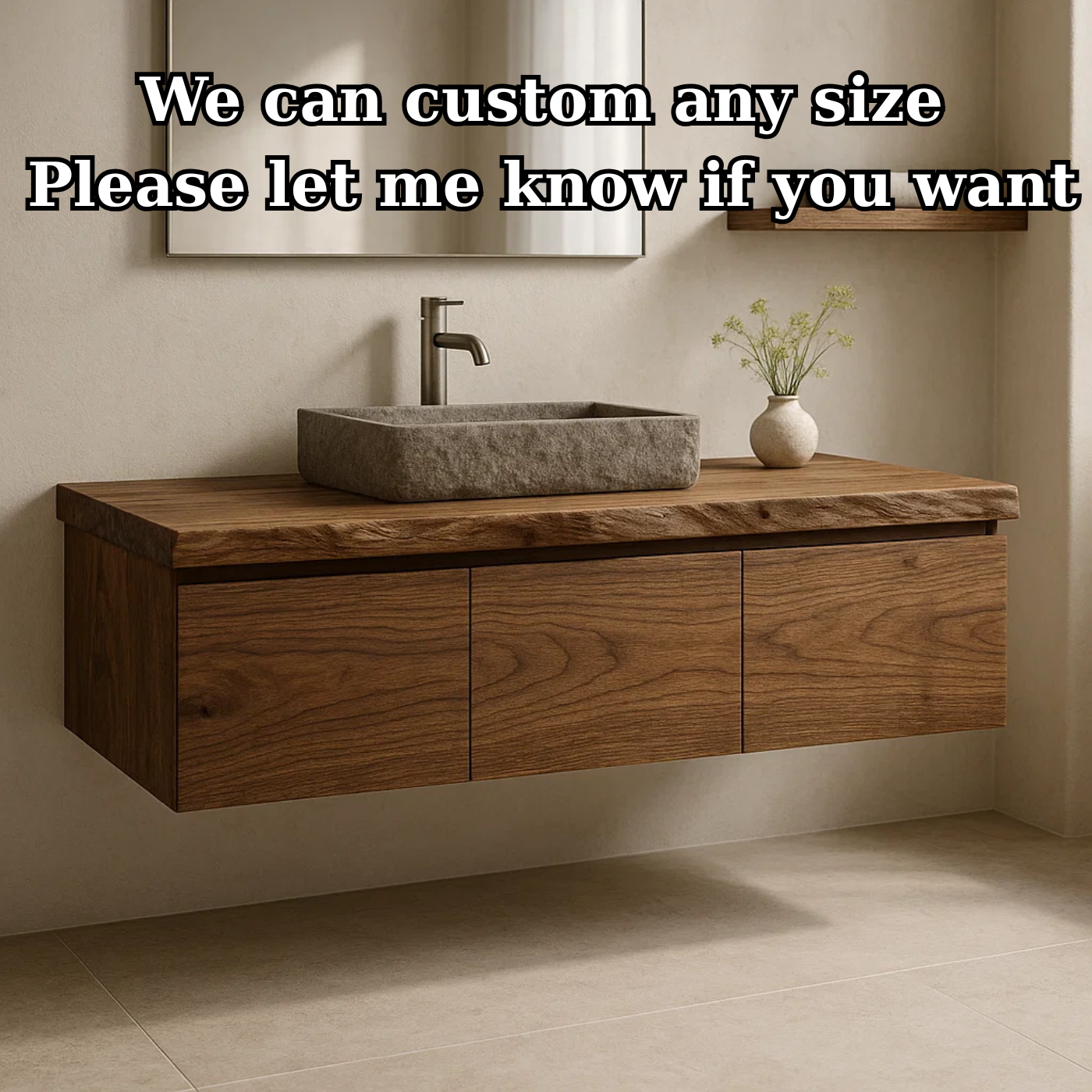 Handcrafted Solid Wood Floating Vanity - 3-Drawer Live Edge Walnut for Vessel Sink Kitchnce