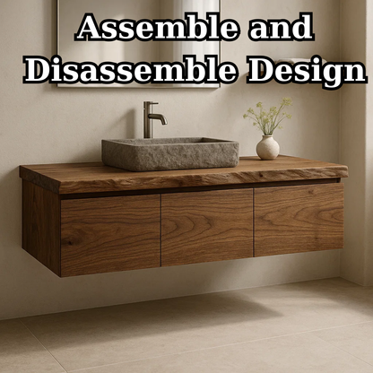 Handcrafted Solid Wood Floating Vanity - 3-Drawer Live Edge Walnut for Vessel Sink Kitchnce