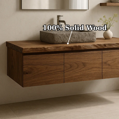 Handcrafted Solid Wood Floating Vanity - 3-Drawer Live Edge Walnut for Vessel Sink Kitchnce