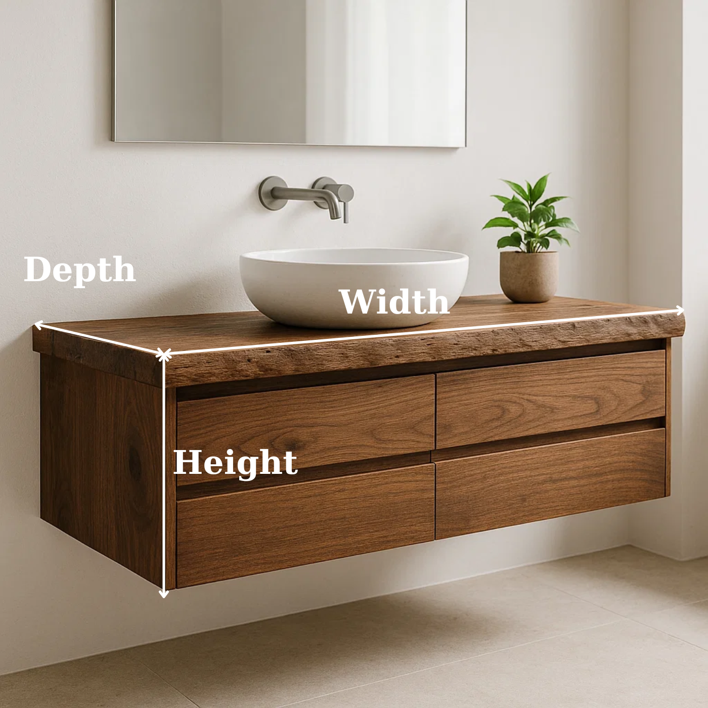Handcrafted Solid Wood Floating Vanity - Live Edge Walnut Console with Max Storage 4-Drawer Kitchnce