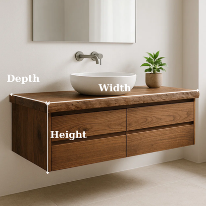 Handcrafted Solid Wood Floating Vanity - Live Edge Walnut Console with Max Storage 4-Drawer Kitchnce