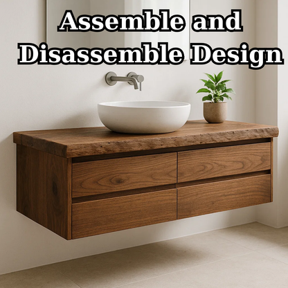Handcrafted Solid Wood Floating Vanity - Live Edge Walnut Console with Max Storage 4-Drawer Kitchnce