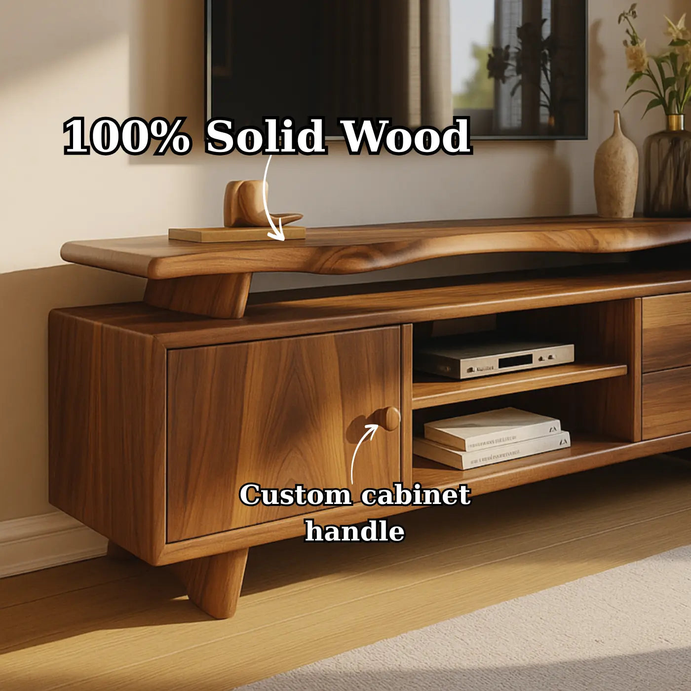 Handcrafted Solid Wood TV Stand - Sculptural Mid-Century Console with Curved Top Kitchnce