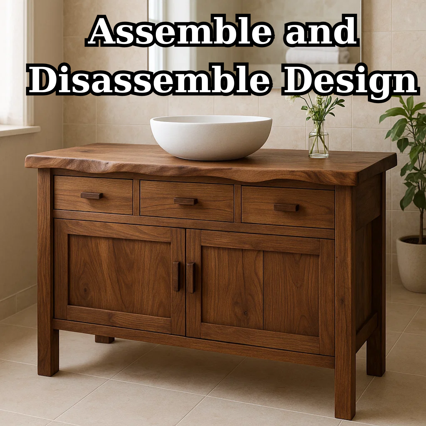 Handcrafted Solid Wood Bathroom Vanity - Live Edge Top, 3 Drawers & Double Door Cabinet Kitchnce
