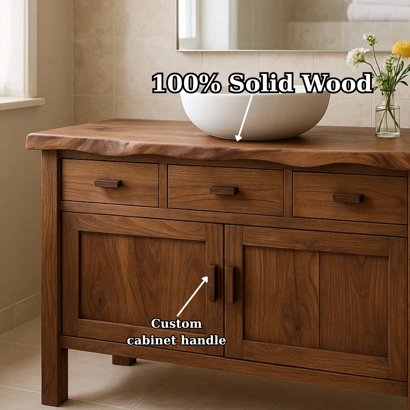 Handcrafted Solid Wood Bathroom Vanity - Live Edge Top, 3 Drawers & Double Door Cabinet Kitchnce