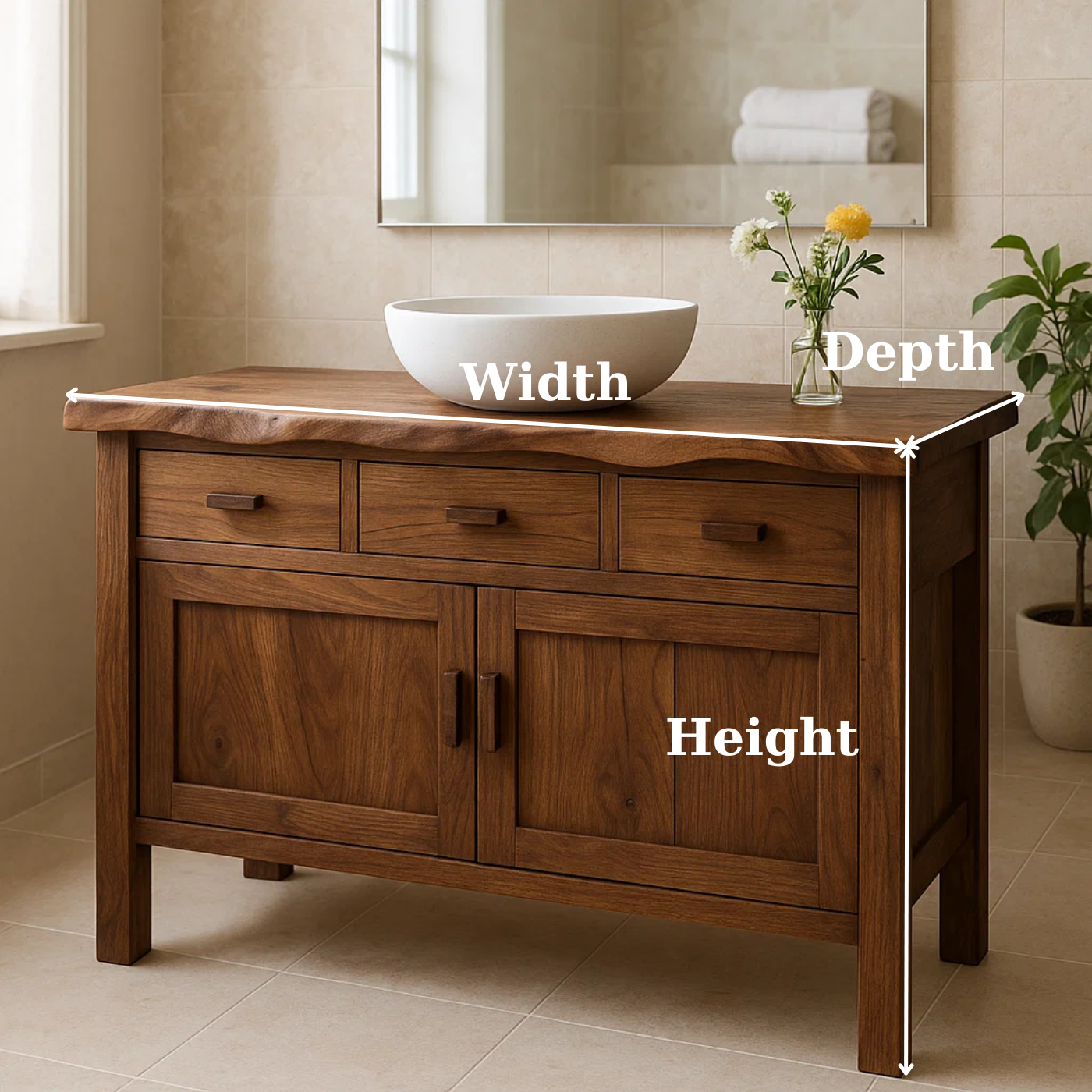 Handcrafted Solid Wood Bathroom Vanity - Live Edge Top, 3 Drawers & Double Door Cabinet Kitchnce