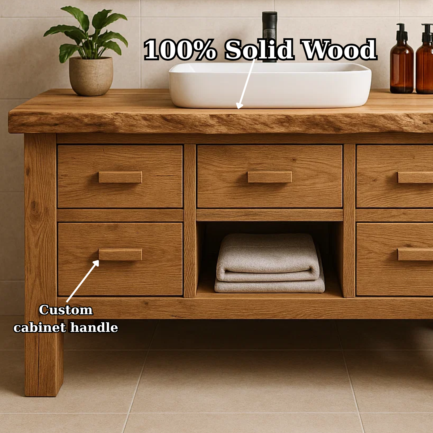Handcrafted Solid Wood Bathroom Vanity - Live Edge Storage Cabinet with 6 Drawers & Shelf Kitchnce