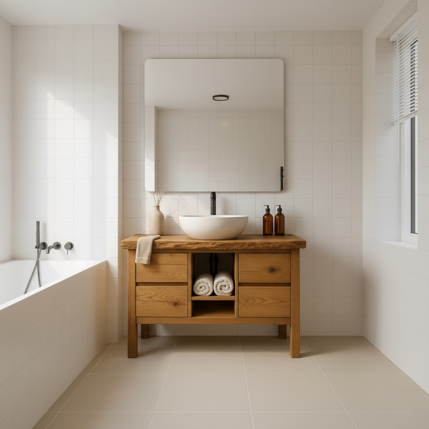 Handcrafted Solid Wood Bathroom Vanity - Live Edge Top with Drawers & Open Shelf Storage Kitchnce