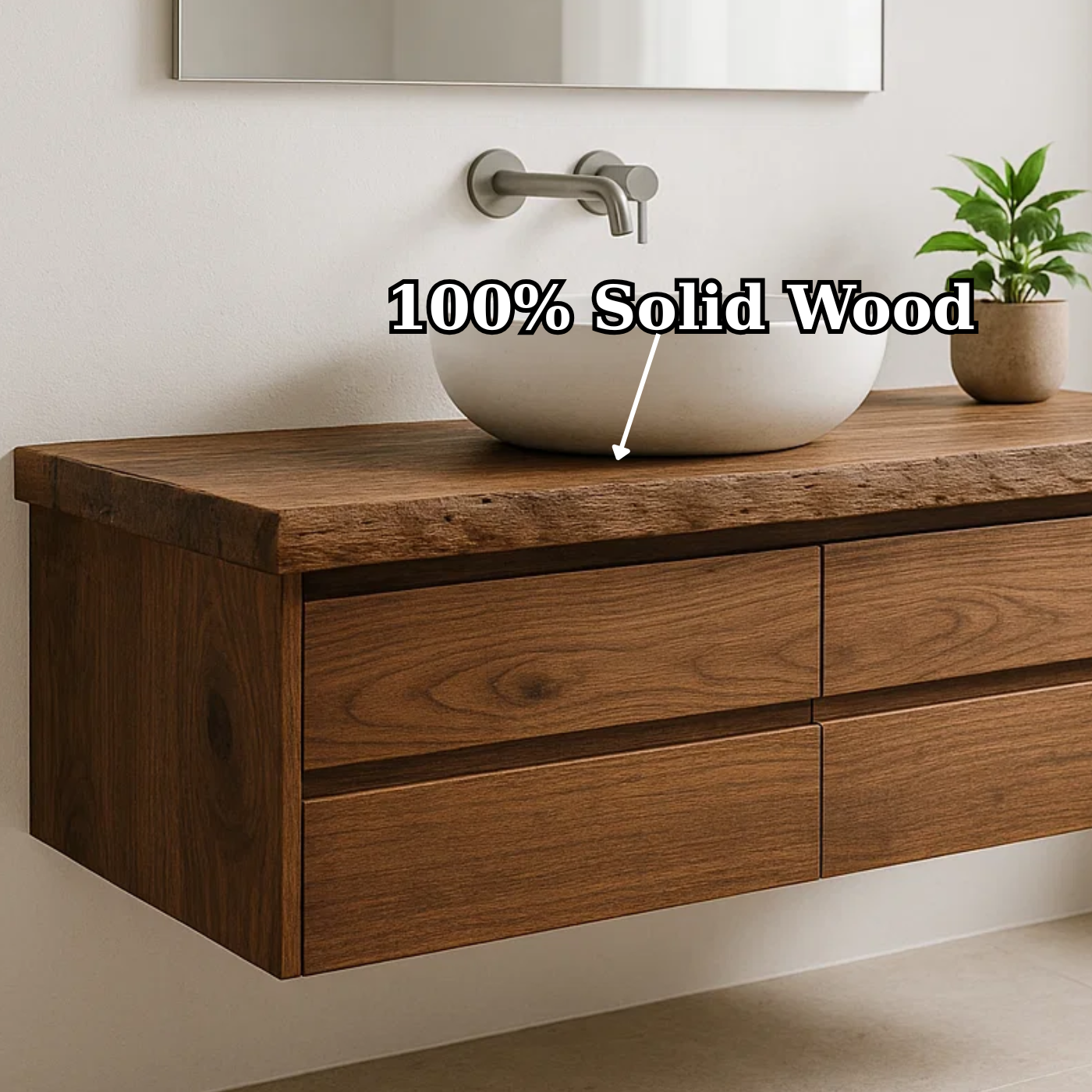 Handcrafted Solid Wood Floating Vanity - Live Edge Walnut Console with Max Storage 4-Drawer Kitchnce