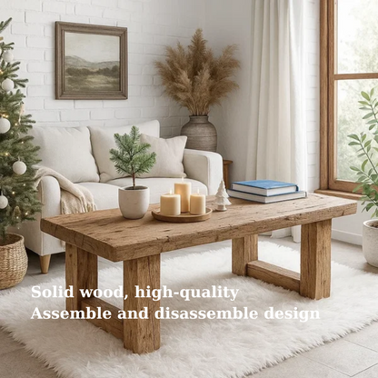 Handcrafted Solid Wood Coffee Table – Rustic Farmhouse Style with Natural Texture Finish Kitchnce