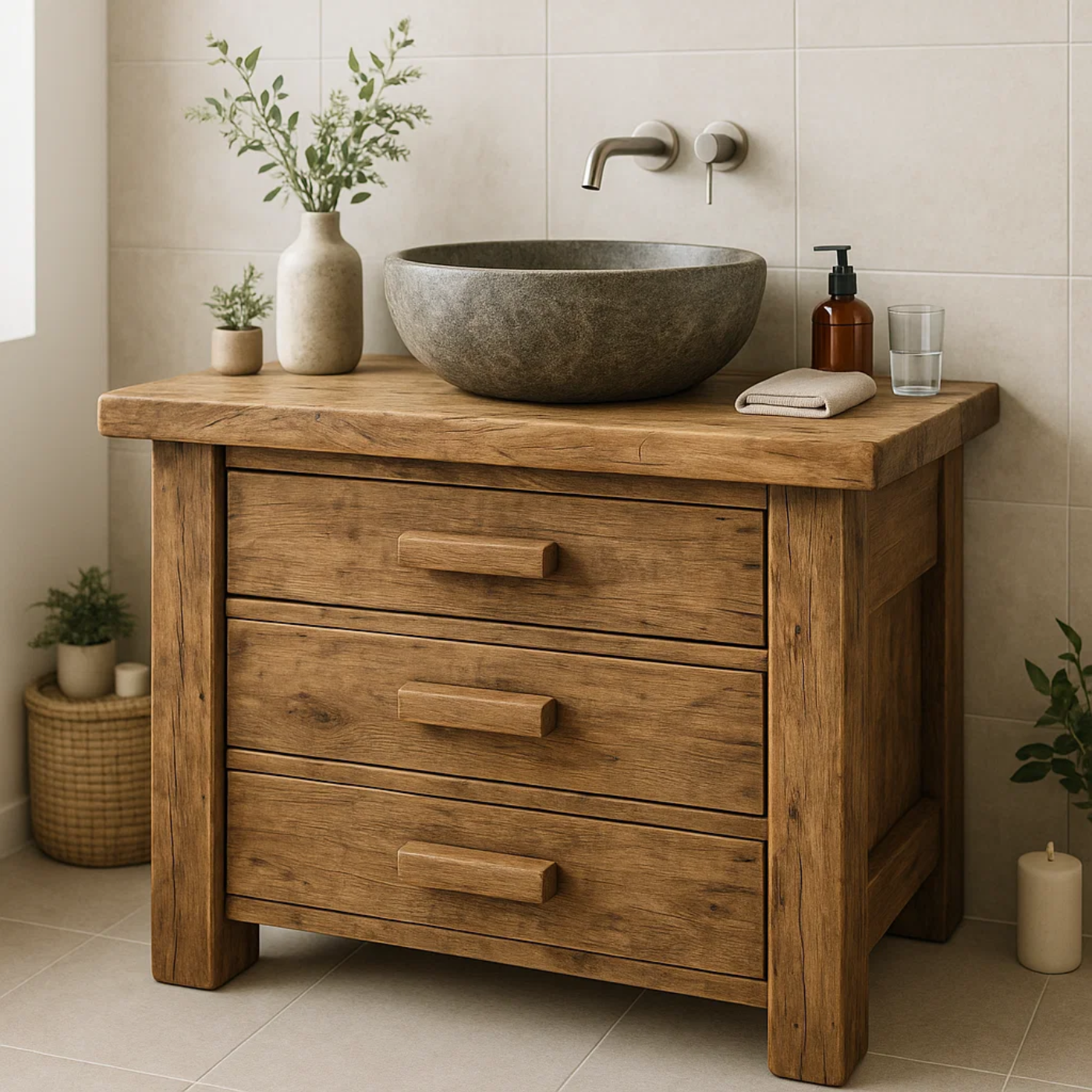 Handcrafted Solid Wood Rustic Bathroom Vanity - 3 Drawer Storage
