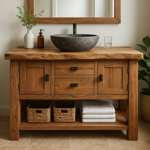 Handcrafted Solid Wood Bathroom Vanity - Cabinet & Drawer Storage