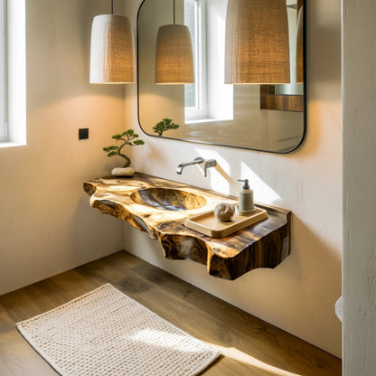 Caldera Live Edge Solid Wood Floating Bathroom Vanity with Integrated Sink Kitchnce