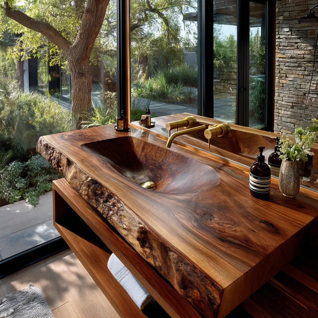 Calvero Sculpted Live Edge Solid Wood Floating Bathroom Vanity with Integrated Sink Kitchnce